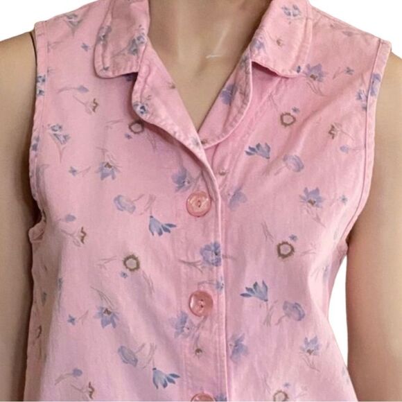 Vintage Vest Floral Cotton Denim Pink Button Front Collared Sleeveless Medium - Picture 2 of 7